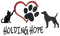 A graphic design featuring a black cat silhouette touching a red heart outline on the left, a large black paw print in the center, a black dog silhouette on the right, and the words 'HOLDING HOPE' in black script at the bottom, all on a white background.